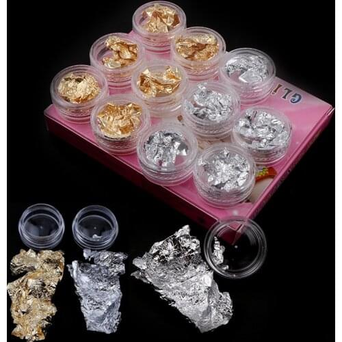 12 Pcs/Set Nail Art Gold Silver Paillette Flake Chip Foil Kit Acrylic Gel Polish Tips 3D Design Sticker Manicure