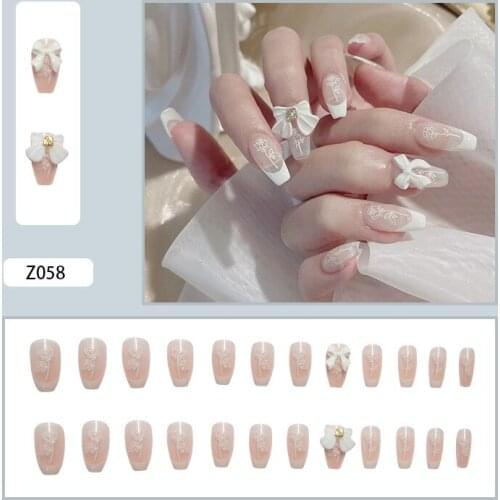 High Quality 24pcs White Butterfly Nail Patch Glue Type Removable Long Paragraph Fashion Manicure Fake Nail Patch