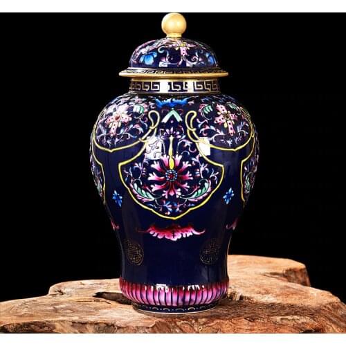 Antique Chinese Noble Blue General Tank Porcelain Royal Nobility Palace Decoration Handpainted Gold Ceramic Ginger Jar