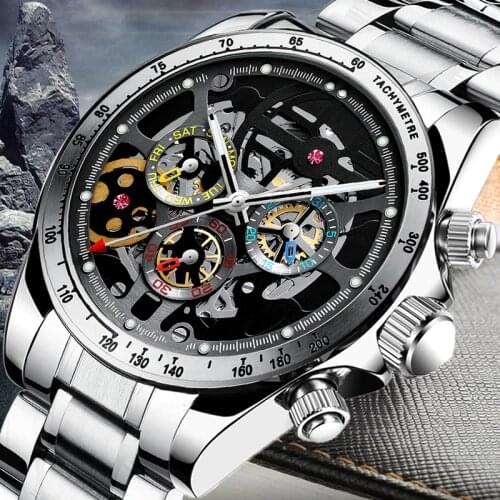 Mens watch automatic skeleton watch top brand luxury gemstone watch for men mechanical wristwatch stailness steel pagani design