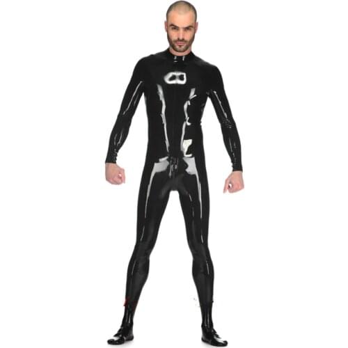 Handmade Black Mens Full Body Latex Tight Jumpsuit Rubber Catsuit Clothing with Crotch Zip