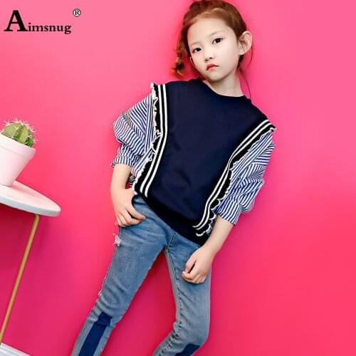 Children Patchwork Stripes T-shirt Kids Clothes Baby Girls Fashion Shirt Casual Pullovers Long Sleeve 2021 Autumn Ruffled Tops