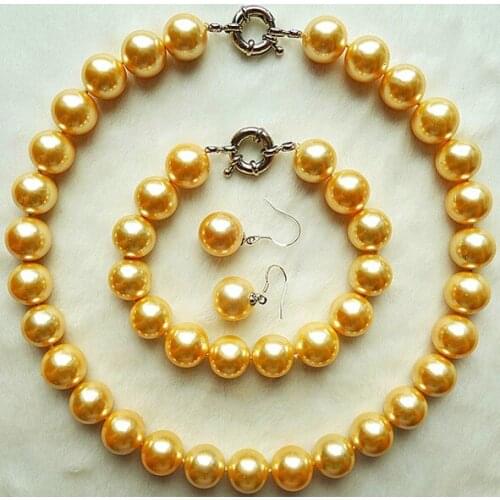 12mm elegant Women Shell Pearl Gold-Color Making round bead Necklace Bracelet Earring Bead women Jewelry set 925 clasp