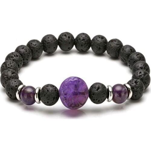 FYJS Unique Natural Purple Amethysts Engraved Tree of Life Connect 8 mm Round Beads Black Lava Stone Bracelet