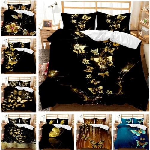 Golden Butterfly 2/3pcs Bedding Set With Zipper Ties Gold Floral Pattern Decor Duvet Cover For Adult Women Girls Soft Microfiber