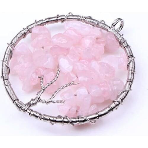 Trendy-beads Silver Plated Wire Winding Natural Rose Pink Quartz Tree of Life Pendant Fashion Jewelry