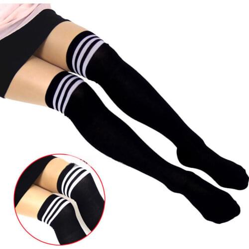 Fashion Striped Knee Socks Women Medium Thickness Cotton Stockings Thigh High Over Knee Socks Black White Blue Red One Size