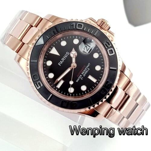 Parnis 41mm Date Business Luxury Black Dial Rose Gold Case Golden steel strap Automatic Men Watch