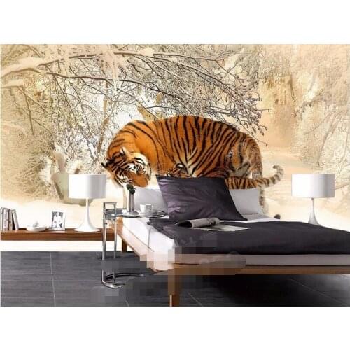 CJSIR Papel De Parede Custom Mural Wallpaper -3d Tiger Winter Snow Photo Background Wallpaper for Walls 3 D Wall Paper Decor