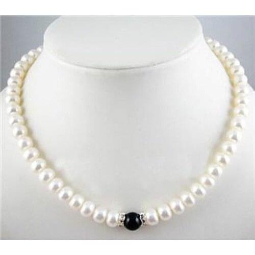 Mujer 8-9mm White Akoya Cultured Pearl Black Gem Necklace 18" Bridal Wedding Word Fine Moda $ Luxury Girls Wedding-jewelry