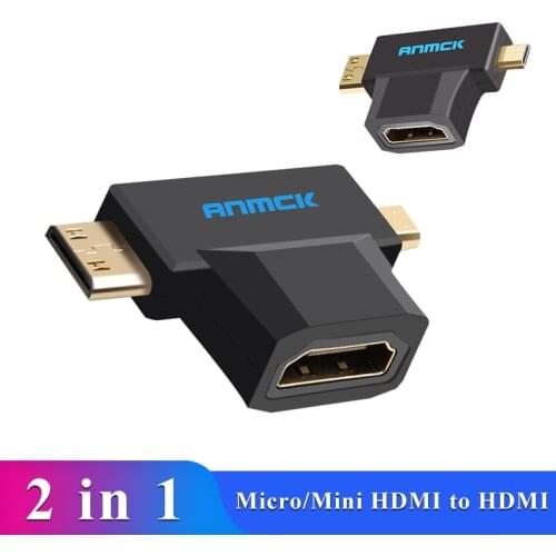 Anmck Micro & Mini Male HDMI to HDMI Standard Fmale Adapter 2 in 1 HDMI A to C/D for Camera Tablet latop or Computer