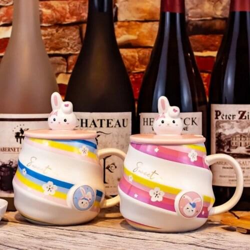 Rainbow Mug 350ML With 3d Rabbit Lid and Spoon Couple Spiral Ceramics Cup Home Breakfast Milk Coffee Bottle Cute Child Gift