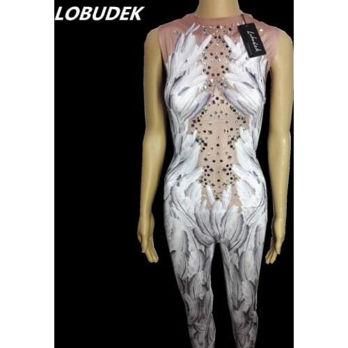 Nightclub Sexy Female Costume 3D Feather Printed Leotard Jumpsuit Bright Rhinestones Bodysuit Singer Dancer DJ Show Performance