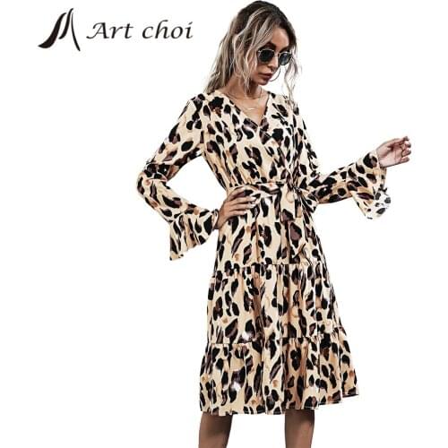 Spring Autumn Women Sexy Elegant Dresses Leopard Midi Dress Boho Beach Belt Sashes V-Neck Slim Long Sleeves Party A-line Shirt
