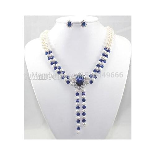 SU231 Hot sale >>>>Fashion Jewelry 2 Strands White Freshwater & Blue Jades Necklace Earring