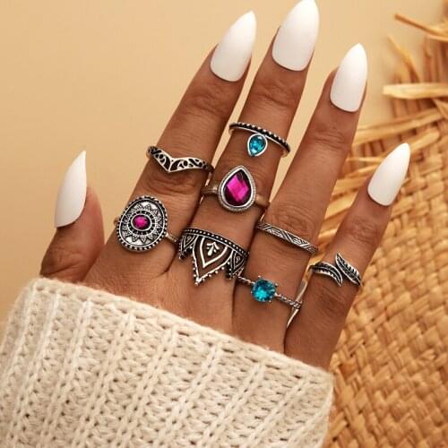 Tocona 8pcs/sets Colorful Rhinestone Water Drop Ring Sets for Women Leaf Sun Geometric Party Ring Jewelry Gift Alion 15146