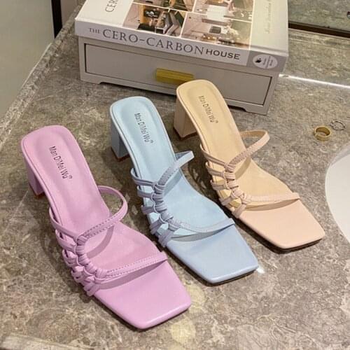 Rome Weave slippers women sandals fresh candy shoes woman flip flops open toe thick med heels pantuflas narrow band slides 2021