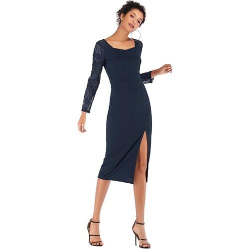 Witbuy Spring Slim Women Chiffon Dress Casual Long Sleeve Square Collar Female Elegant Patchwork Lace Split Women Dresses 2021