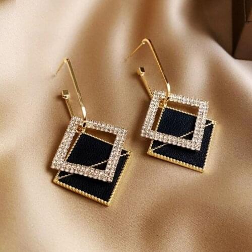 YAOLOGE Wholesale New Rhinestone Black Square Drop Earrings For Women Geometric Alloy Earrings 2021 Trend Fashion Party Jewelry