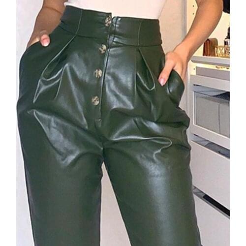Faux PU Leather Women Pencil Pants Side Split Skinny Bodycon High Waist Tight Trouser Black Fashion Fall 2020 Clothing
