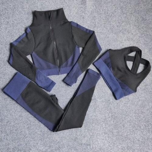 Fitness Blue Suits Gym Women Outfits 3pcs Long Sleeve Shirt+Sport Top Bras+Seamless Leggings Workout Running Clothing Gym Wear