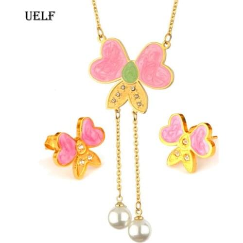 UELF Animal Butterfly Jewelry sets Wedding Necklace Earrings Jewelry Sets Imitation pearls enamel necklace earring set for women