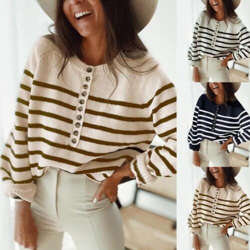 Women Sweater Horizontal Stripes Single Breasted Autumn Winter Knitted Long Sleeve Top Pullover Streetwear pullover lazy knit