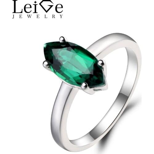 Leige Jewelry Emerald Ring Anniversary Ring May Birthstone Solitaire Ring Marquise Cut Green Gems 925 Sterling Silver Ring Gifts
