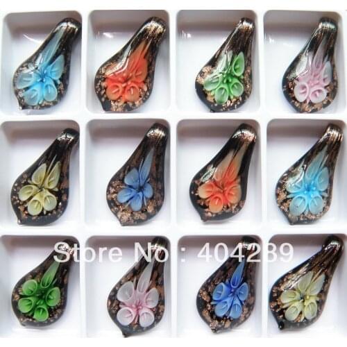 12X 3D Flower Murano Lampwork Glass Beaded Pendant Necklace,GP1
