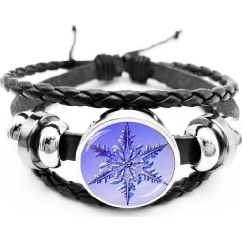 2020 Christmas Snowflake Bracelet Charm Glass Cabochon Black Leather Braided Snap Clasp Bracelet Jewelry Gift