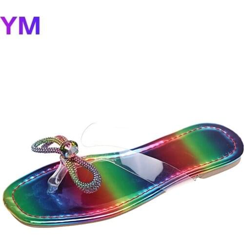 2021 Summer Rainbow Shoes Ladies Flat Sandals Open Toe Rhinestone Sandals Bowknot Fashion Outdoor Plus 43 Zapatillas Mujer Casa