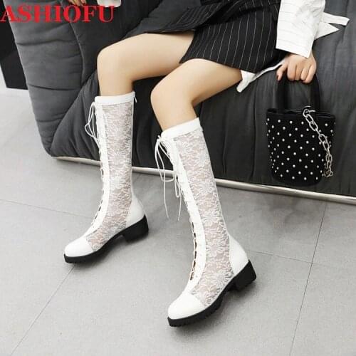 ASHIOFU 2020 New Handmade Ladies Thick-heels Boots Air-mesh Lace Leather Sexy Mid-calf Boots Party Evening Fashion Autumn Boots