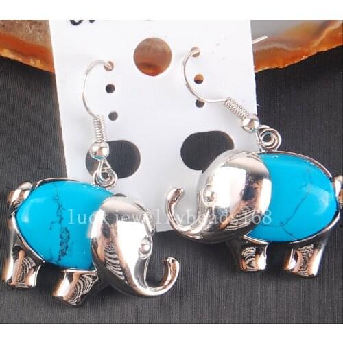 Free Shipping Women Fashion Jewelry Beautiful Blue Howlite Elephant Dangle Earrings Pair C4202