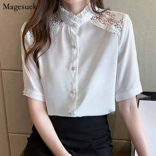 Korean Lace Hollow Blouses and Shirts Summer Loose White Chiffon Womens Shirt Elegant OL Short Sleeve Casual Top Female 15334