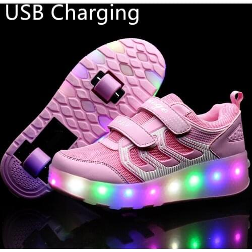 2020 Orange USB Charging Fashion Girls Boys LED Light Roller Skate Shoes For Children Kids Sneakers With Wheels Two wheels