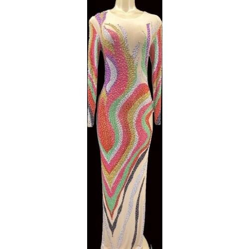 Sparkly Multi-color Rhinestones Long Dress WomenWedding Birthday Party Celebrate Transparent Dress Singer Show Stage Wear