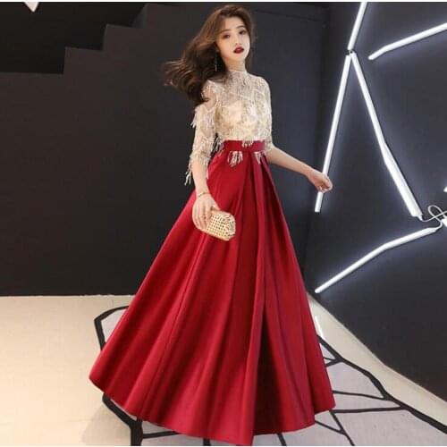 Red Oriental Style Banquet Dresses Chinese Vintage Traditional High Neck Wedding Party Dress Evening Party Dress