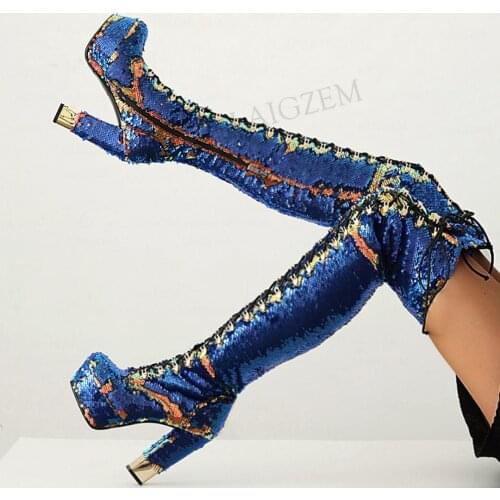 LAIGZEM Women Boots Over Knee Bling Glitter Thick Chunky Heels Boots Wide Calf Friendly Bottines Femme Shoes Woman Size 33 42 43