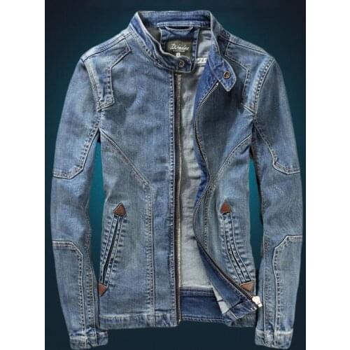 Mens Stand Collar Blue Denim Motorcycle Jacket Fashion Cotton Jean Short Style Vintage Biker Coat Slim Fit