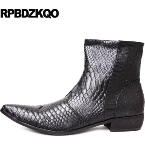 Mens Zipper Dress Boots Ankle White Booties Snakeskin Full Grain Pointed Toe Party Formal Shoes Plus Size Black Crocodile Chunky