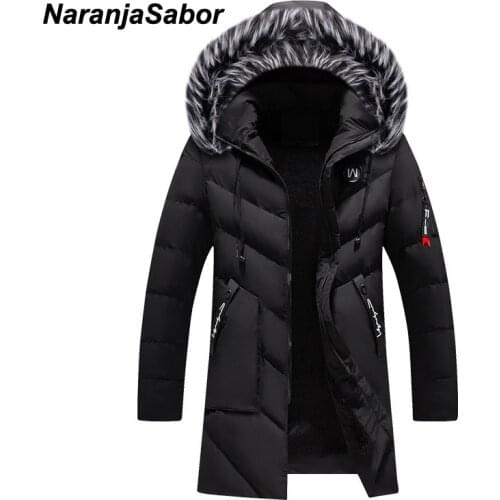 NaranjaSabor New Mens Winter Parka Mens Thick Warm Windproof Coat Men Solid Hooded Fur Collar Jacket Male Long Overcoat N634