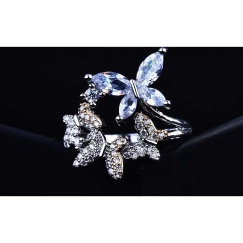 Charm Butterfly Ring Fashion Cute 4-Butterfly Design Inlay Shiny Zircon Fine Jewelry For Women Wedding Party Valentines Gift