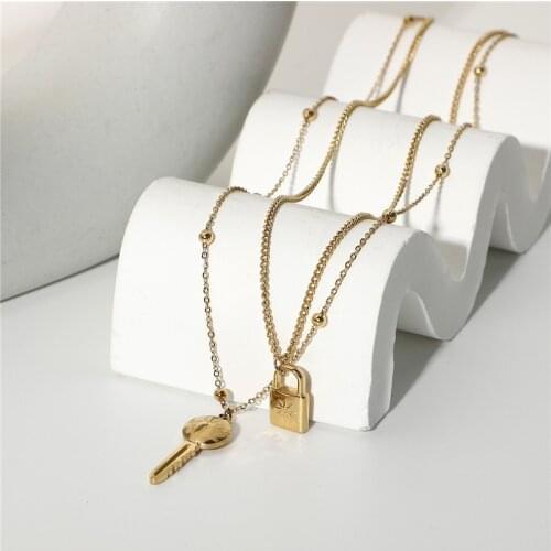 HelloLook Key&Lock Necklace Double Layer Stainless Steel Collar Necklace for Couples Lovers Gift 2021 Trendy Jewelry