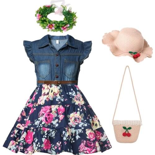 Toddler Baby Girl Dress Sleeveless Floral Print Clothing Girls Beach Clothes Denim Belt Princess Dress Dresses
