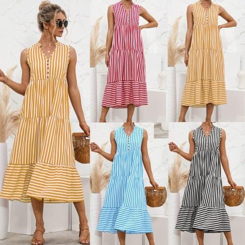 Summer Dress Femme Robe Women Striped Print A-Line Dresses Ruffles Button V-Neck High Waist Sleevelss Loose Long Dress For Women