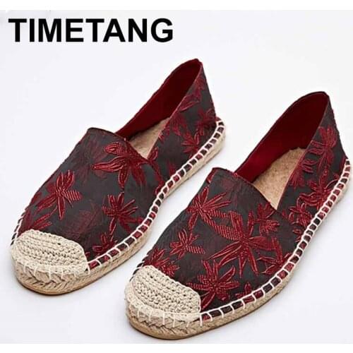 TIMETANG Fashion Ethnic Casual Espadrilles Flat New Women Spring Leaves Printed Embroider Slip on Fishermen Hemp Rope Shoe E251