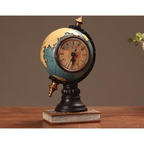 Vintage Globe Resin With Clock Retro Ornaments Figurines Home Office Decor Decoration Crafts Gift