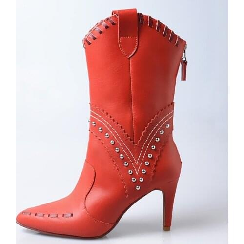 2020 Autumn Genuine Cow Leather Pointed Toe Rivet Mid-Calf Boots Women Red Runway Sapato Feminino Thin High Heels Half Boots