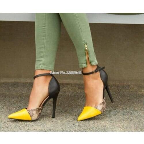 New Spring Yellow With Black Woman Stiletto Pumps Buckle Strap Sexy Pointed Toe Shallow Ladies Office Shoes 12 CM Real Photos