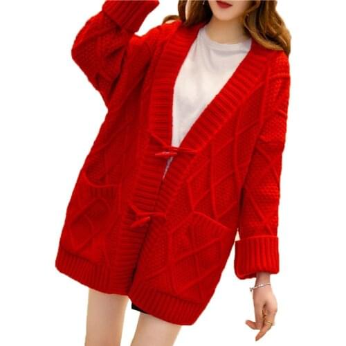 Cardigan Sweater Women New Autumn Winter Loose Solid color knit Cardigan Sweater Female Single-breasted V-neck Thicken Top T317